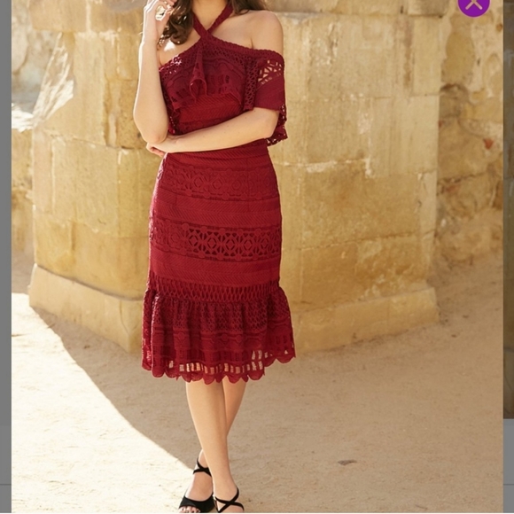 TRISH SCULLY Burgundy Aurora Off the Shoulder Choker Lace Midi Dress - Plus Size - Picture 2 of 16